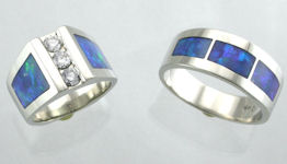 White Gold, Diamonds, and Blue Australian Opal Wedding Rings from James Hardwick
