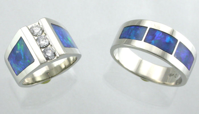 Enlarged image of Blue Opal and Diamond White Gold Wedding Rings from James Hardwick.
