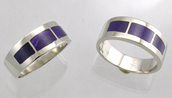 Handcrafted wedding bands in Sterling Silver with Sugilite inlay. 
