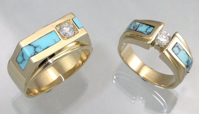 14KT yellow gold wedding rings with diamonds and turquoise inlay by James Hardwick