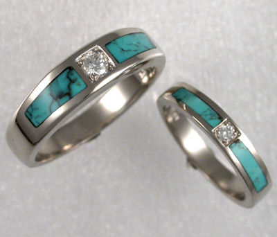 White gold wedding bands featuring diamonds and turquoise. Handmade by James Hardwick Jewelers 