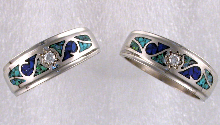 14KT white gold wedding bands with diamonds and mosaic inlay