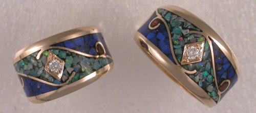 Modified GS10 & GS18 in 14KT yellow gold, inlaid lapis and opal, and diamonds