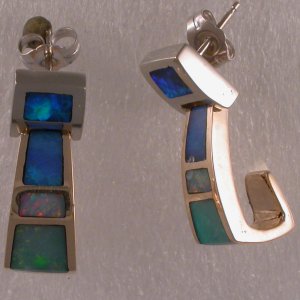 JE42-two piece hinged earrings in 14K white and yellow with opal inlay