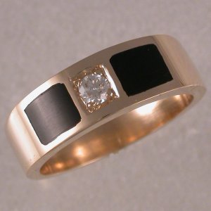 JR160a- 14KT yellow band with .15ct diamond and black onyx inlay