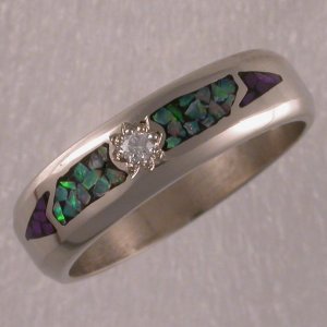 JR190-14KT white gold band with opal and sugalite inlay and a diamond center stone.