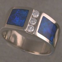 JR195-14KT yellow gold ring with dark blue opal inlay and diamonds
