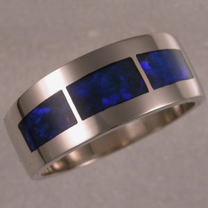 JR196-Wide inlaid band in 14KT white gold and blue Australian Opal