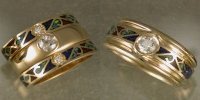 14KT yellow matched wedding bands with chip inlay & diamonds