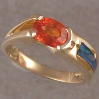 JR94-14KT yellow gold ring with Spessertite garnet and opal