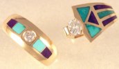 Custom designed wedding bands in 14KT yellow gold with diamonds and inlaid sugalite and turquoise.