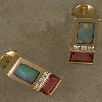 Custom designed 14KT yellow earrings w/opal, diamonds, & tourmaline.