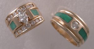 14KT yellow wedding set with matching gents band, both with diamonds and Apache turquoise.
