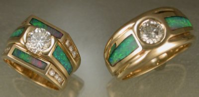 Custom made matching wedding bands.  14KY, diamonds, opal
