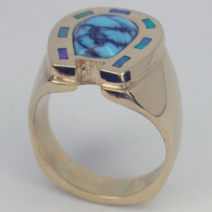 14KT yellow horseshoe ring with opal inlay & turquoise center