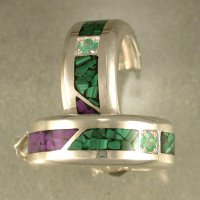 JE45-Sterling silver hoop earrings w/malachite and sugalite chip inlay and emeralds