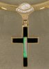 14KTY cross with black onyx and Australian opal inlay, hanging from a diamond bale.