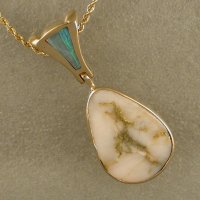 One of a kind 14KT pendant with opal inlay and quartz with embedded gold