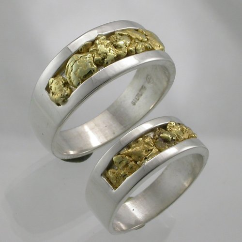 Custom wedding bands - Sterling Silver w/gold nugget inlay